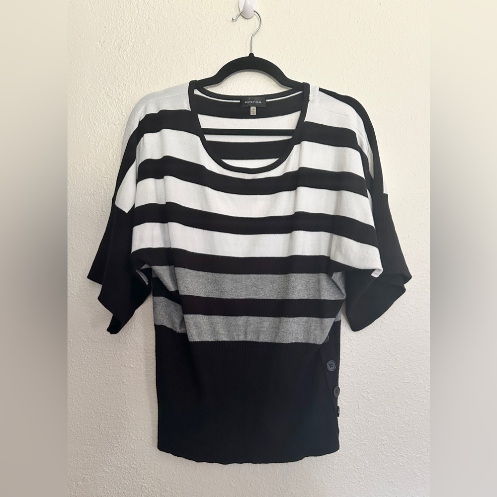 Spense Women’s Sweater Dolman Sleeve Black, White & Gray Striped Buttons Size M